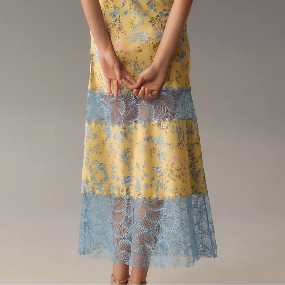 ANTHROPOLOGIE Geisha Designs Asymmetrical Lace Slip Maxi Dress Yellow Floral NWT - Picture 5 of 9